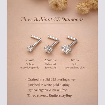 LUCKYJEWUS 3Pcs 925 Sterling Silver Nose Rings Studs Set, 18G/20G/22G L Shaped CZ Diamond Nose Studs for Women & Men, 2mm 2.5mm 3mm Hypoallergenic Nose Piercing Jewelry - size: 3pcs - 18G