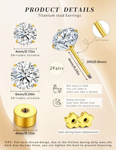 20G G23 Implant Grade Titanium Flat Back Stud Earrings for Women Men, Gold/White Gold Plated Tragus Labret Cartilage Helix F136 Piercing Jewelry for Sensitive Ears, with 4-6mm Cubic Zirconia - color: 2Pairs-20G-Golden-Pink-Stud Earring Sets