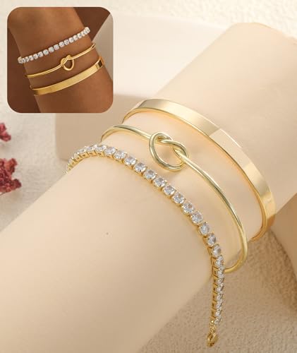 ZOERAY Silver Gold Bangle Bracelets for Women Non Tarnish 14k Gold Plated Stackable Cuff Bracelets for Women Trendy Cubic Zirconia Stainless Steel Chunky Bracelet Stack Set Waterproof Jewelry Gifts - color: A.Knot-Gold