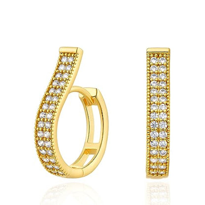 Huggie Hoop Earrings 14K Gold Plated Cubic Zirconia Dainty Simple Cute Beads Elegant CZ Circle Small Hoop Earring for Women Minimalist Handmade Hypoallergenic Jewelry - color: CZ- strip
