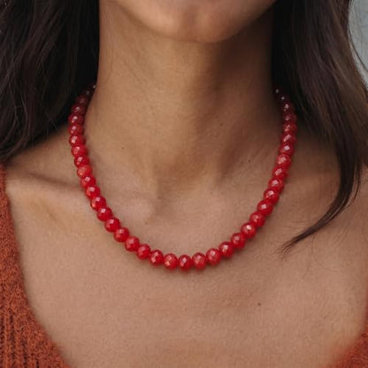 Gemstone Beaded Necklace for Women Colorful Natural Stone Freshwater Pearl Surfer Beach Rainbow Necklace Jewelry Gift - color: Red