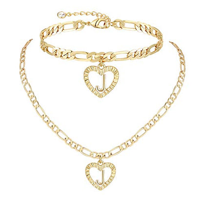 YANODA Gold Initial Pendant Necklace Anklet Bracelet for Women 14K Gold Plated Figaro Chain Letter Initial Heart Necklace Anklets Alphabet Foot Jewelry Personalized Jewelry for Women - style: J