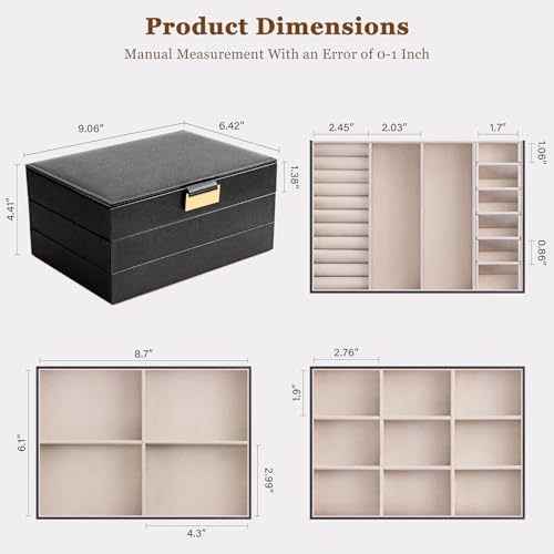 Stackable Jewelry Organizer Trays, 3-Layer jewelry drawer organizer, Perfect for Women and Girls to Store Necklaces, Rings, Bracelets, Earrings, Watches with Removable Dividers for Dresser & Vanity
