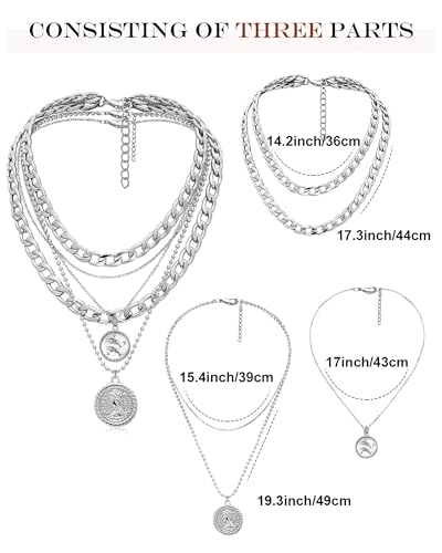MJartoria Layered Necklaces for Women Trendy Retro Coin Pendant | Dainty Chunky Chain, Choker Necklaces, Jewelry Birthday Gifts - color: Silvery, style: Zodiac-Pisces-3PCS Layered