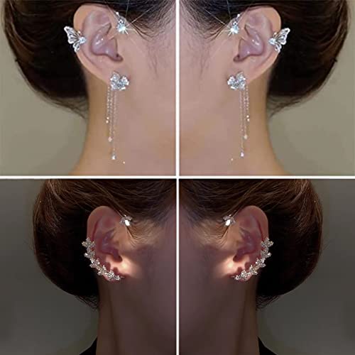 2 Pairs Dainty Silver Butterfly Ear Cuffs & Wraps for Women Non Piercing Bling Butterfly Tassel Style Zircon Earrings Ear Clips Bridal Wedding Jewelry - color: Silver-B