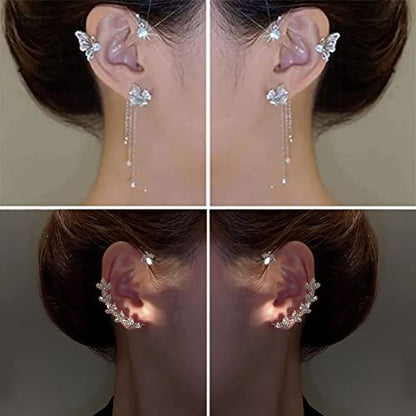 2 Pairs Dainty Silver Butterfly Ear Cuffs & Wraps for Women Non Piercing Bling Butterfly Tassel Style Zircon Earrings Ear Clips Bridal Wedding Jewelry - color: Silver-B