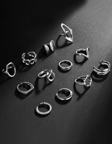 Fxiqini 12Pcs Gold Stackable Rings 18K Gold Plated Chunky Knuckle Finger Ring Geometric Bead Cloud Wave Flower Hollow Statement Bands Signet Open Rings for Women Adjustable Size 4-9 - color: B-Sliver