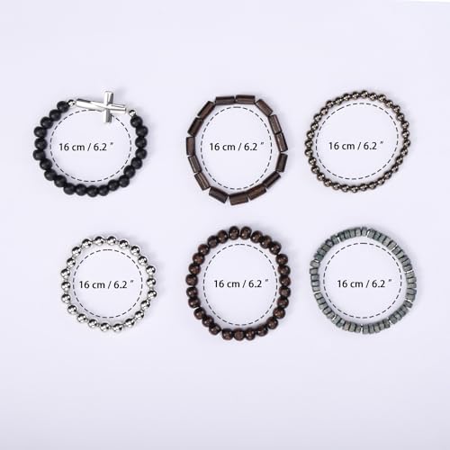 Mens Beaded Bracelets Tribal Wooden Elastic Adjustable Prayer Beads Wrap Cuff for Women - color: M: 6pcs