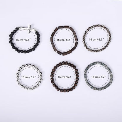 Mens Beaded Bracelets Tribal Wooden Elastic Adjustable Prayer Beads Wrap Cuff for Women - color: M: 6pcs