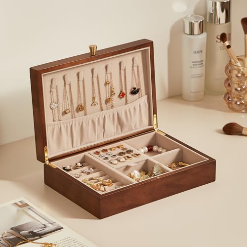 Walnut Wooden Jewelry Box for Women, Magnolia Oil Painting Decor | Small Jewelry Organizer,7 Necklace Hooks, Velvet-Lined, For Watches Rings Earrings Necklace Bracelets, Ideal Gift for Her - style: 1 Layer B