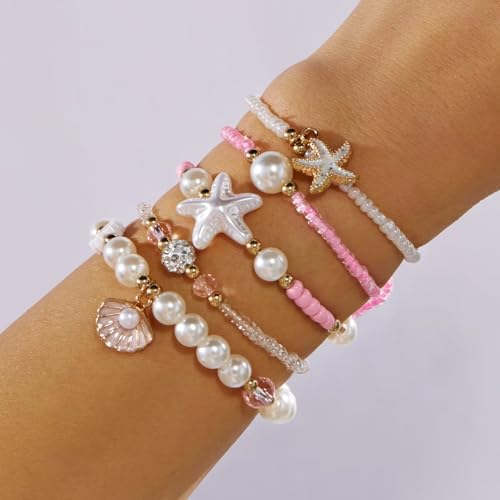 Boho Stackable Beaded Bracelet Set, Pink, Starfish Shell Pearl Charms, Elastic Handmade Layered Stretch Bracelets, Summer Beach Holiday Jewelry for Women - color: Pink C
