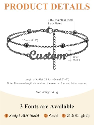 Custom4U Custom Name Anklet Bracelets for Women Waterproof Beaded/Figaro/Cuban/Rope/Wheat Chain Anklet Stackable Gold Plated Non Tarnish Custom Beach Gift Barefoot Summer Jewelry for Her - color: A03-Black Beaded Chain