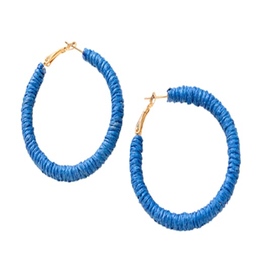 Handmade Rattan Earrings - Large Circle Braided Straw Wicker Drop Earrings - Light Weight Summer Hoops - color: D deep blue