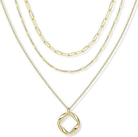 Evabelle Gold Layered Necklace for Women Trendy Jewelry 14K Real Gold Plated Chunky Chain Stackable Necklaces Dainty Choker Necklaces Rectangle Square Pendant - color: Gold Necklace 26