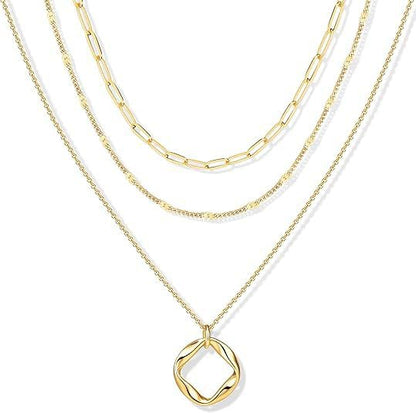 Evabelle Gold Layered Necklace for Women Trendy Jewelry 14K Real Gold Plated Chunky Chain Stackable Necklaces Dainty Choker Necklaces Rectangle Square Pendant - color: Gold Necklace 26