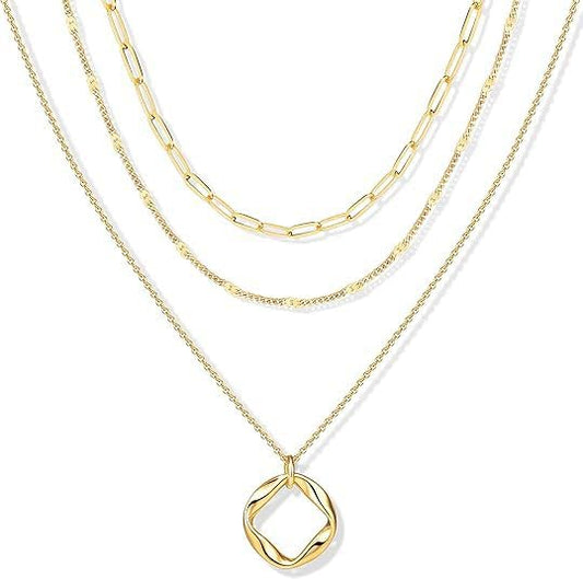 Evabelle Gold Layered Necklace for Women Trendy Jewelry 14K Real Gold Plated Chunky Chain Stackable Necklaces Dainty Choker Necklaces Rectangle Square Pendant - color: Gold Necklace 26