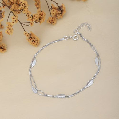 Vanbelle Genuine Sterling Silver Jewelry - Rhodium Plated with 925 Stamp - Designer Leaf Anklet - Elegant handcrafted Double layered Chain Anklet for Women - 9" long + 1" extender