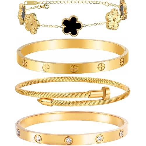 Womens Stackable Floral Gold Bracelets - 4Pcs 18K Gold Plated Bracelet,Stainless Steel Bangle Bracelets Non Tarnish, Gold Bracelet Set Trendy Jewelry,Christmas Valentines Birthday Gifts for Girlfriend - color: Bracelets Stack 4Sets (Floral Black+Gold Brac