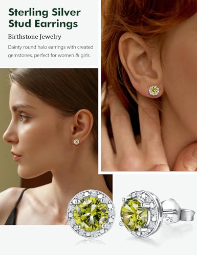 Dainty Birthstone Earrings for Women Sterling Silver Small Stud Earrings with Halo Cushion/Round Created Gemstone Earrings Birthstone Jewelry - style: B 08. Aug./created peridot-round cut