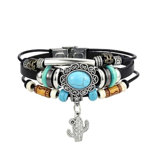INENIMARTJ Western Turquoise Leather Wrap Bracelets for Men Women Boho Multilayer Turquoise Cuff Wrap Bracelet Western Bracelet Jewelry for Men and Woman - color: 19coffee