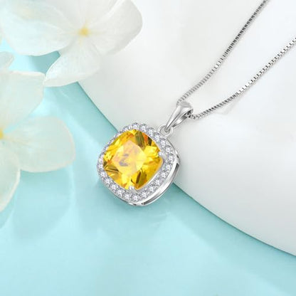 Birthstone Necklace for Women 925 Sterling Silver Princess Cut Halo Necklace Pendant Jewelry for Mom Wife - color: Yellow