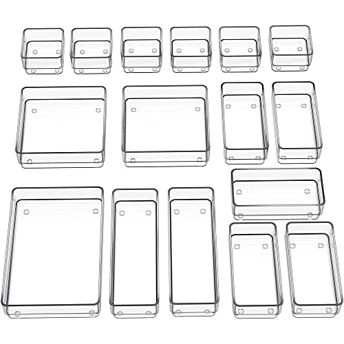 SMARTAKE 16 PCS Drawer Organizer, 5-Size Desk Bathroom Drawer Organizer | 5-Size Storage Tray with Non-Slip Silicone Pads for Makeup, Jewelries, Utensils in Bedroom Dresser, Office and Kitchen, Clear - size: Medium