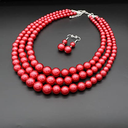 Chunky Layered Imitation Pearl Necklace for Women 3 strand Pearl Necklaces Faux Pearl Necklace Earrings Set 1920s Flapper Gatsby Costume Accessories - color: 3 strand pearl necklace Red