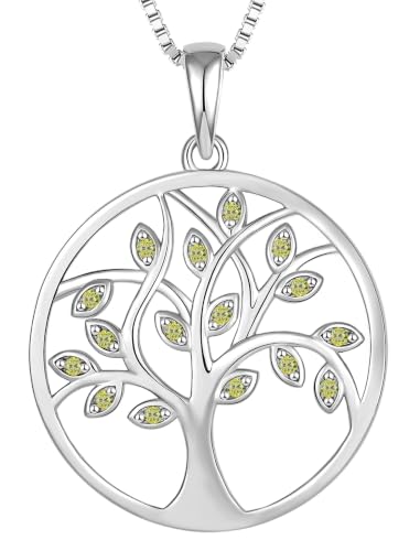 YL 925 Sterling Silver Tree of Life Necklace for Women Round Tree Pendant Birthstone Jewelry for Mom - color: 08-peridot-Aug