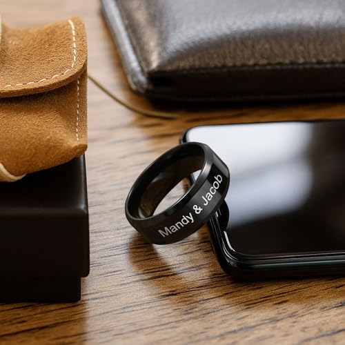 VNOX Customize Personalized Name Date Stainless Steel Simple Polished Finish Wedding Band Engagement Rings for Men Women,Size 6 - color: 8MM-Black-Customize