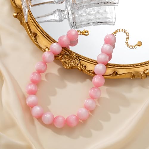 Beaded Necklace for Women Boho Chunky Large Round Beaded Statement Choker Trendy Adjustable Resin Necklaces Summer Beach Jewelry Gifts - color: Light Pink