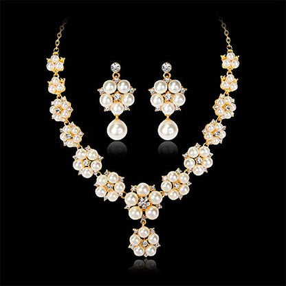 3pcs Charm Gold Water Drill Pearl Necklace Earrings Set Handmade Grinding Fashion Trend Jewelry Elegant Dignified Harmonious Color Matching Jewelry Gift for Woman Prom Party