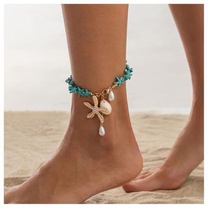 Gold Starfish Shell Pearl Charm Ankle Bracelet Summer Beach Foot Jewelry - color: Blue