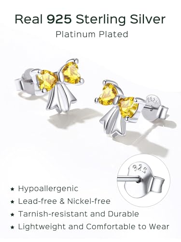 ChicSilver 925 Sterling Silver Bow/Butterfly Earrings for Women Hypoallergenic Birthstone Earrings Dainty Bow/Butterfly Jewelry Gift for Women - color: Bow-November-Yellow Topaz