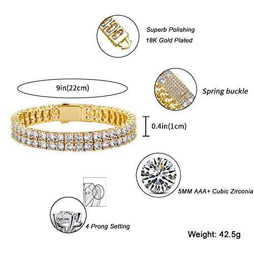 JINAO 2-Row Tennis Bracelet for Men & Women, 14K Gold Plated Brass, Iced-Out Cubic Zirconia Chain, Unisex Hip-Hop Style - color: 7'' Gold