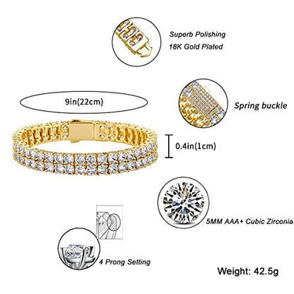JINAO 2-Row Tennis Bracelet for Men & Women, 14K Gold Plated Brass, Iced-Out Cubic Zirconia Chain, Unisex Hip-Hop Style - color: 7'' Gold