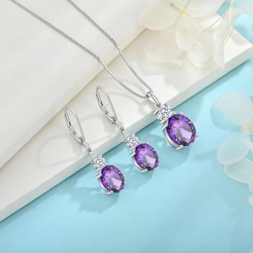 Birthstone Necklace for Women 925 Sterling Silver | Oval Cut Pendant Necklace, Jewelry for Mom Wife - color: Purple