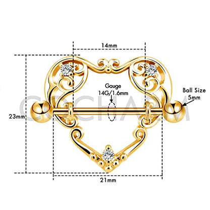 14G Heart Nipple Rings for Women Surgical Steel CZ Nipple Piercings Nipple Barbells Nipple Bars Gold Silver Rose Gold - color: Gold