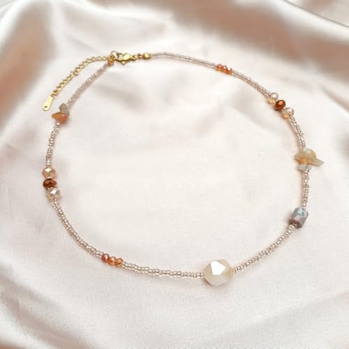 Beaded Necklaces for Women Summer Beach Beaded Necklace Bead Choker Boho Necklaces for Women Handmade Summer Jewelry Stainless Steel 18K Gold Plated - color: Champagne