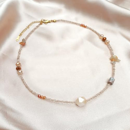 Beaded Necklaces for Women Summer Beach Beaded Necklace Bead Choker Boho Necklaces for Women Handmade Summer Jewelry Stainless Steel 18K Gold Plated - color: Champagne