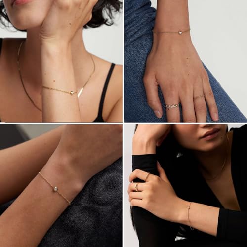 Solid 925 Sterling Silver Bracelets for Women, Dainty Interlocking Circles Cubic Zirconia Adjustable Chain Bracelet, Trendy Stackable Link Bracelets, Simple Cute Jewelry Gifts - color: Gold Bezel-Set CZ