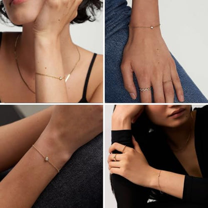 Solid 925 Sterling Silver Bracelets for Women, Dainty Interlocking Circles Cubic Zirconia Adjustable Chain Bracelet, Trendy Stackable Link Bracelets, Simple Cute Jewelry Gifts - color: Gold Bezel-Set CZ