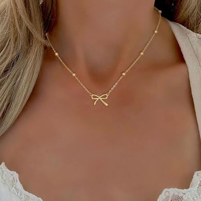 Thaivor Necklace for Women Dainty Bow Necklace 14K Gold Plated Cute Choker Small Pendant Charm Necklaces Teen Gift Trendy Stuff Personalized Jewelry Gifts - color: Gold-Bead-6