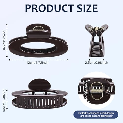 4 Pack Oval Hair Clip, 4.7" Large Durable Trendy Hair Claw Clip with Bead & Butterfly Spring, Premium PC Material Cozy Fashion Hair Claw for Thick Hair, Gift Set for Women Girls, Daily Wear - color: Classic Color 3: Black, White, Wine Red and Chocolate Br