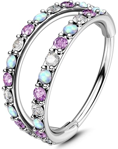 OUFER 20G Nose Rings for Women, 316L Surgical Steel Double Hoop Nose Piercing Jewelry, Opal and CZ Septum Lip Eyebrow Cartilage Conch Rook Helix Tragus Daith Earrings Piercing Jewelry-6/7/8MM - color: Purple CZ