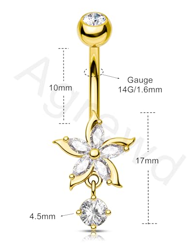 Flower Belly Button Ring 14G Dangle Navel Rings Stainless Steel Belly Button Piercing Jewelry - color: YG-10MM