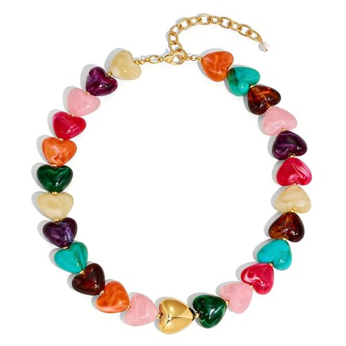Chunky Beaded Necklace for Women Trendy Multicolor Resin Beads Choker Necklaces Boho Summer Statement Necklace Chunky Heart Jewelry - color: Heart necklace-colorful