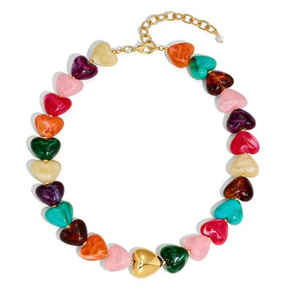 Chunky Beaded Necklace for Women Trendy Multicolor Resin Beads Choker Necklaces Boho Summer Statement Necklace Chunky Heart Jewelry - color: Heart necklace-colorful