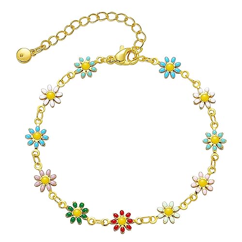 Dainty Gold Bracelets for Women, 18 Gold Plated Adjustable Evil Eye/Butterfly/Beaded/Pearl/Heart/Turquoise Handmade Bracelet for Women - style: Daisy