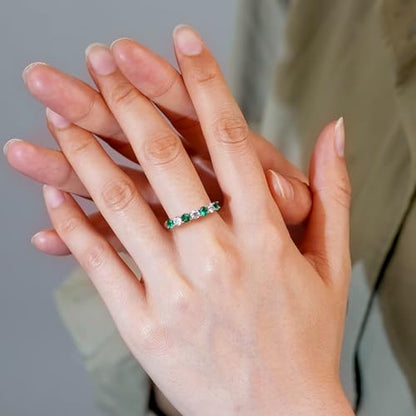 3.5mm Stackable Rings S925 Sterling Silver Created Birthstone & Cubic Zirconia Ring for Women Wedding Bands Anniversary Birthday Jewelry Size 6 to 10(with Box) - color: 05-Created Emerald & CZ-May