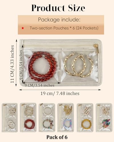 Travel Jewelry Organizer Case Refill Pages-24 Compartments Clear Zipper Velvet Pockets for Rings Earrings Necklaces,2-Section Replacement Pages, Beige,Pack of 6 - color: 2-Section Inner Pages,Beige,Pack of 6